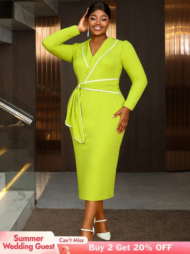 AOMEIDRESS Elegant Colorblock Bodycon Dress Long Sleeve Office Outfit MustardGreen / L
