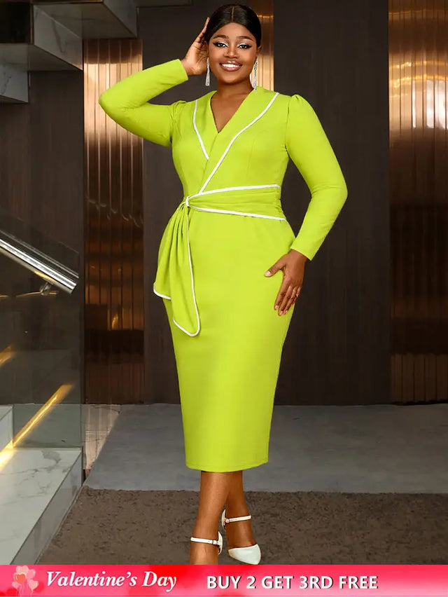 AOMEIDRESS Elegant Colorblock Bodycon Dress Long Sleeve Office Outfit MustardGreen / L