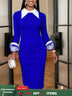 AOMEIDRESS Elegant Colorblock Dress Long Sleeve Office Church Wear Blue / S