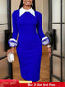 AOMEIDRESS Elegant Colorblock Dress Long Sleeve Office Church Wear Blue / S