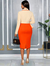 AOMEIDRESS Elegant Colorblock Dress Slim Party Office Lady Gowns