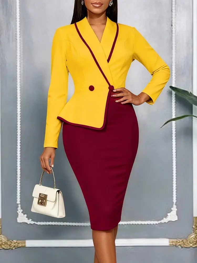 AOMEIDRESS Elegant Colorblock Dress Slim Party Office Lady Gowns - Wine / S