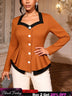 AOMEIDRESS Elegant Colorblock Tops Button Long Sleeves Ruffled Waist - Brown / S
