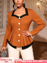AOMEIDRESS Elegant Colorblock Tops Button Long Sleeves Ruffled Waist - Brown / S