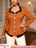 AOMEIDRESS Elegant Colorblock Tops Button Long Sleeves Ruffled Waist - Brown / S