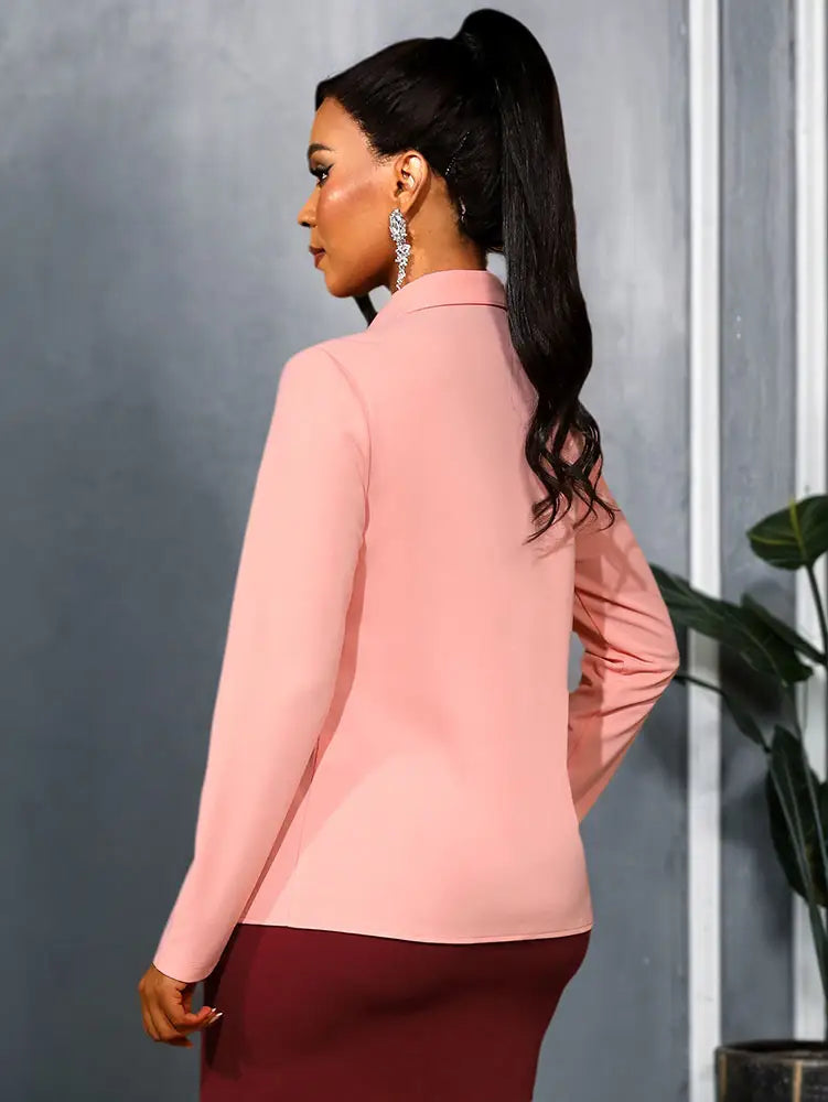 AOMEIDRESS Elegant Colorblock Turn Down Collar Long Sleeves Shirt