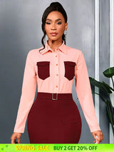 AOMEIDRESS Elegant Colorblock Turn Down Collar Long Sleeves Shirt Pink / S