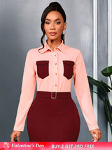 AOMEIDRESS Elegant Colorblock Turn Down Collar Long Sleeves Shirt Pink / S