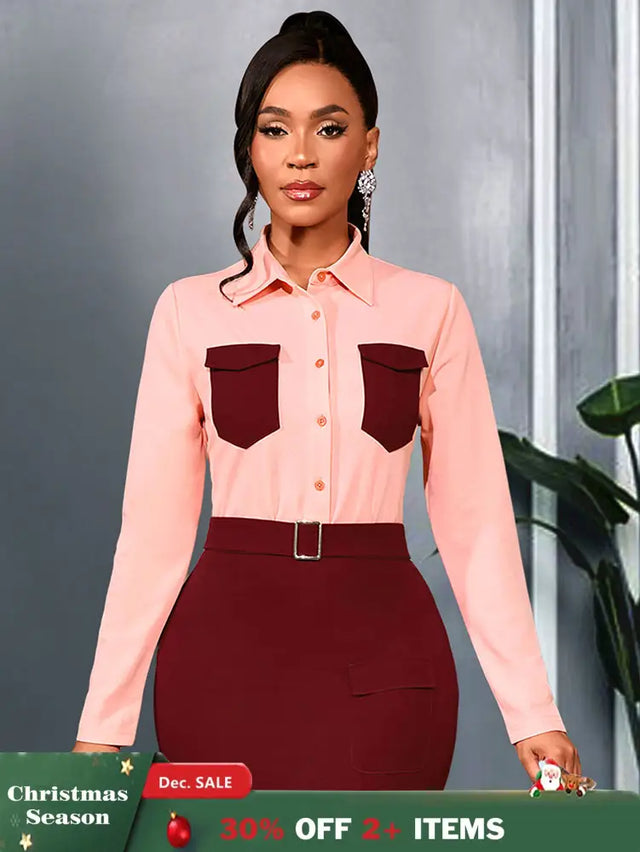 AOMEIDRESS Elegant Colorblock Turn Down Collar Long Sleeves Shirt Pink / S