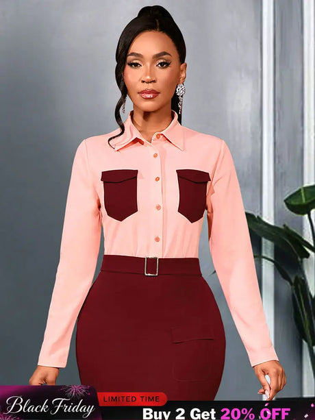 AOMEIDRESS Elegant Colorblock Turn Down Collar Long Sleeves Shirt Pink / S
