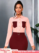 AOMEIDRESS Elegant Colorblock Turn Down Collar Long Sleeves Shirt Pink / S