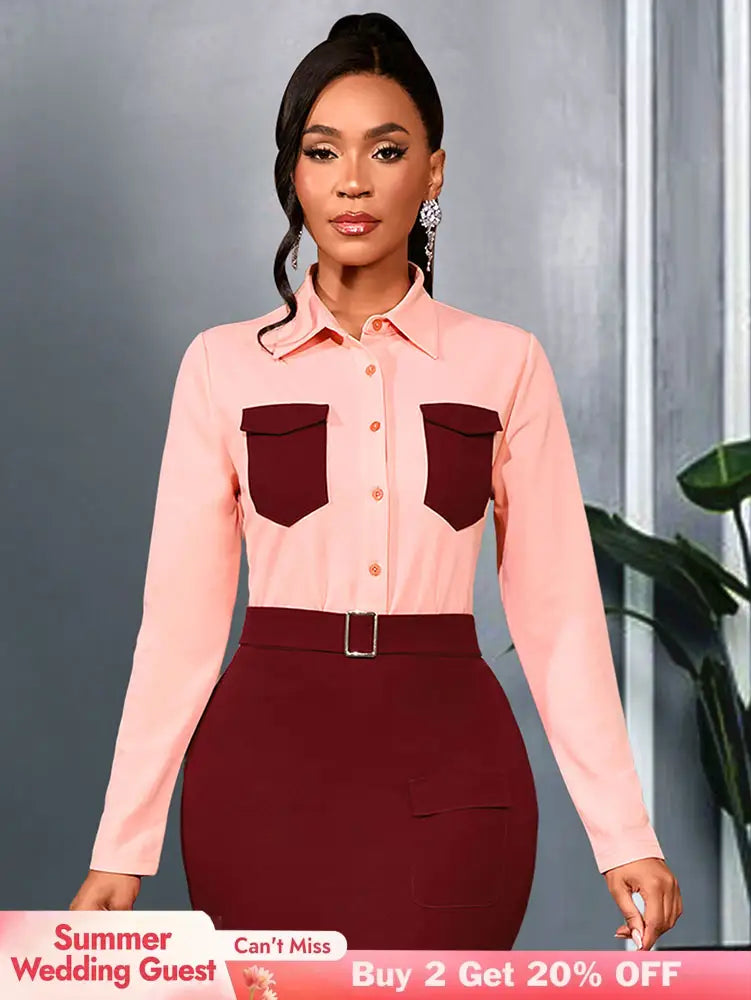 AOMEIDRESS Elegant Colorblock Turn Down Collar Long Sleeves Shirt Pink / S