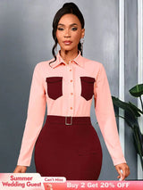 AOMEIDRESS Elegant Colorblock Turn Down Collar Long Sleeves Shirt Pink / S