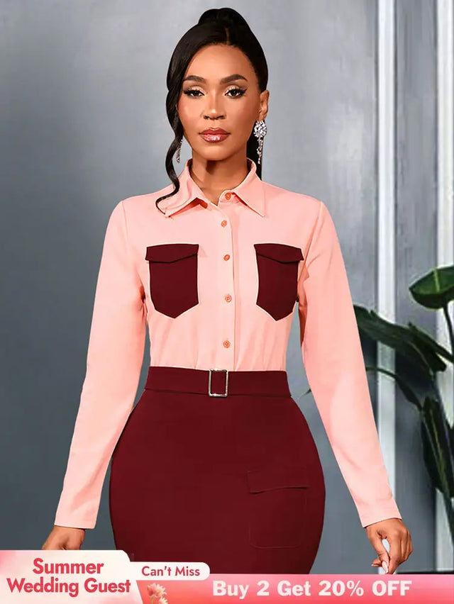 AOMEIDRESS Elegant Colorblock Turn Down Collar Long Sleeves Shirt Pink / S