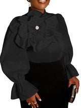 AOMEIDRESS Elegant Cotton Shirt Button 3D Flower Long Sleeves Church - Black / L