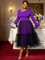AOMEIDRESS Elegant DarkPurple Mesh Dress Flare Sleeve for Party Church