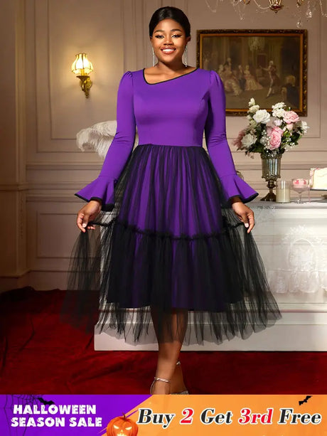 AOMEIDRESS Elegant DarkPurple Mesh Dress Flare Sleeve for Party Church DarkPurple / S