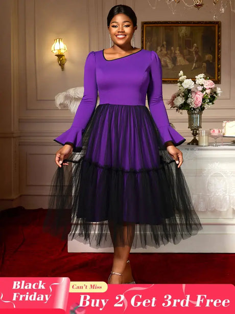 AOMEIDRESS Elegant DarkPurple Mesh Dress Flare Sleeve for Party Church DarkPurple / S