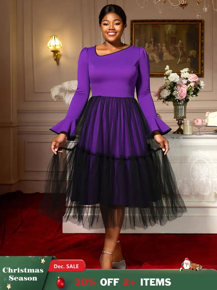 AOMEIDRESS Elegant DarkPurple Mesh Dress Flare Sleeve for Party Church DarkPurple / S