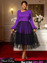 AOMEIDRESS Elegant DarkPurple Mesh Dress Flare Sleeve for Party Church DarkPurple / S