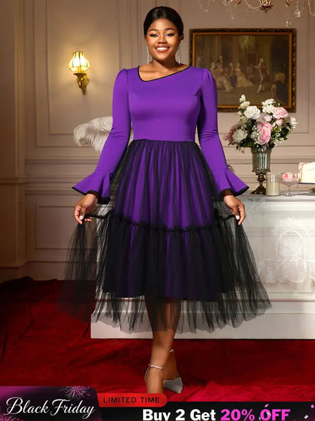 AOMEIDRESS Elegant DarkPurple Mesh Dress Flare Sleeve for Party Church DarkPurple / S