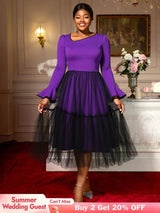 AOMEIDRESS Elegant DarkPurple Mesh Dress Flare Sleeve for Party Church DarkPurple / S
