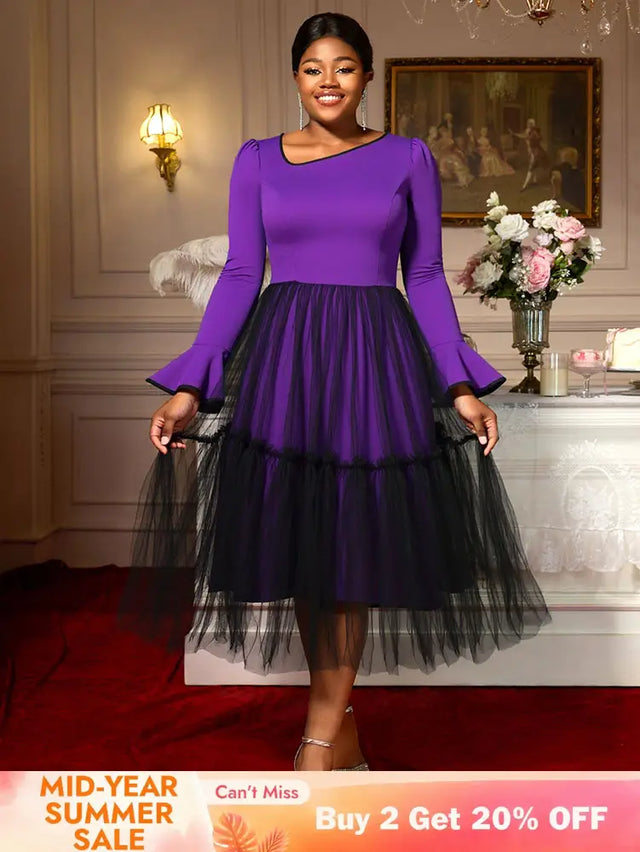 AOMEIDRESS Elegant DarkPurple Mesh Dress Flare Sleeve for Party Church DarkPurple / S