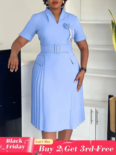 AOMEIDRESS Elegant Dresses V Neck Short Sleeves Pleated Belt 3D Flowers