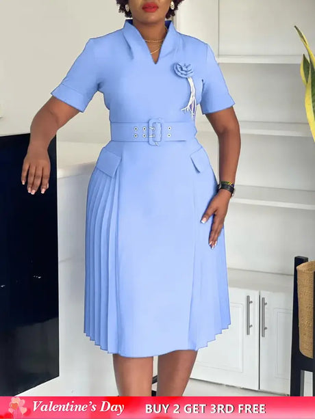 AOMEIDRESS Elegant Dresses V Neck Short Sleeves Pleated Belt 3D Flowers