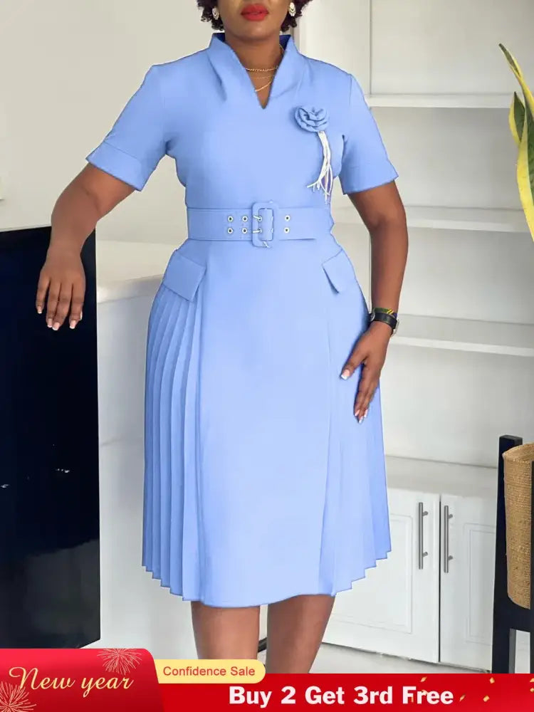 AOMEIDRESS Elegant Dresses V Neck Short Sleeves Pleated Belt 3D Flowers