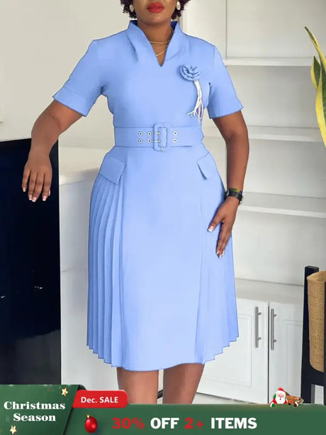 AOMEIDRESS Elegant Dresses V Neck Short Sleeves Pleated Belt 3D Flowers