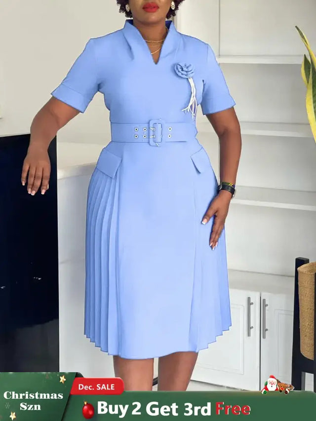 AOMEIDRESS Elegant Dresses V Neck Short Sleeves Pleated Belt 3D Flowers