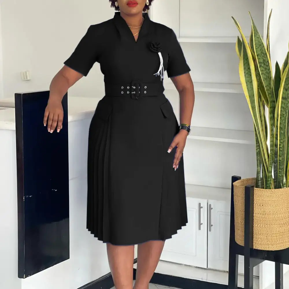 AOMEIDRESS Elegant Dresses V Neck Short Sleeves Pleated Belt 3D Flowers Black / S