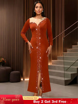 AOMEIDRESS Elegant Evening Party Mermaid Dress with Slit Beading BrickRed / S