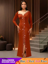 AOMEIDRESS Elegant Evening Party Mermaid Dress with Slit Beading BrickRed / S