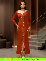 AOMEIDRESS Elegant Evening Party Mermaid Dress with Slit Beading BrickRed / S