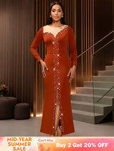 AOMEIDRESS Elegant Evening Party Mermaid Dress with Slit Beading BrickRed / S