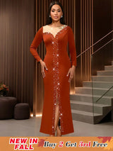 AOMEIDRESS Elegant Evening Party Mermaid Dress with Slit Beading BrickRed / S