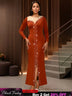 AOMEIDRESS Elegant Evening Party Mermaid Dress with Slit Beading BrickRed / S
