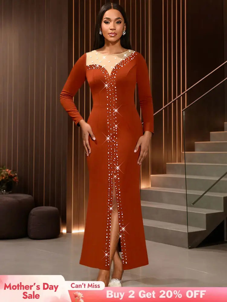 AOMEIDRESS Elegant Evening Party Mermaid Dress with Slit Beading BrickRed / S