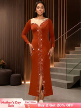 AOMEIDRESS Elegant Evening Party Mermaid Dress with Slit Beading BrickRed / S