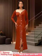 AOMEIDRESS Elegant Evening Party Mermaid Dress with Slit Beading BrickRed / S