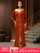 AOMEIDRESS Elegant Evening Party Mermaid Dress with Slit Beading BrickRed / S