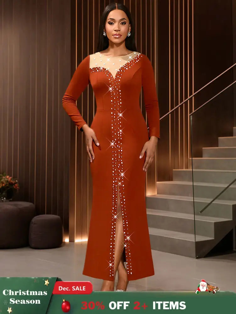 AOMEIDRESS Elegant Evening Party Mermaid Dress with Slit Beading BrickRed / S