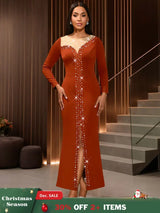 AOMEIDRESS Elegant Evening Party Mermaid Dress with Slit Beading BrickRed / S