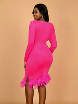 AOMEIDRESS Elegant Feather V Neck Dress with Beading for Wedding Party