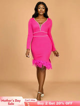 AOMEIDRESS Elegant Feather V Neck Dress with Beading for Wedding Party Rose / S