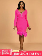 AOMEIDRESS Elegant Feather V Neck Dress with Beading for Wedding Party Rose / S