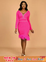 AOMEIDRESS Elegant Feather V Neck Dress with Beading for Wedding Party Rose / S