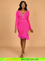 AOMEIDRESS Elegant Feather V Neck Dress with Beading for Wedding Party Rose / S